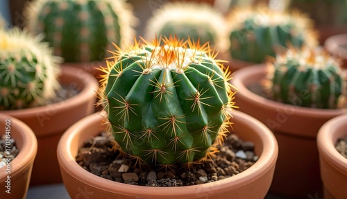 Close-up of a Green Cactus with Golden Spines in a Terracotta Pot