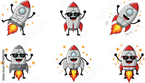 Cute cartoon rocket spaceship with happy face, fun space travel illustration, futuristic launch design for kids, science, fantasy and adventure theme