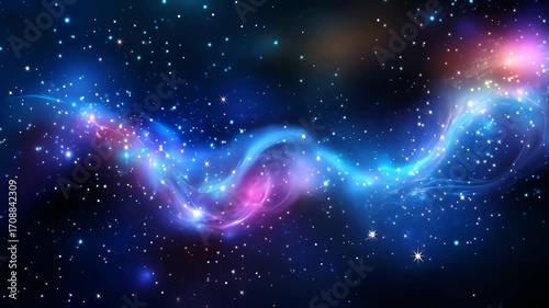 Abstract motion cosmic background with shining colorful particles. Shimmering glitter bokeh lights floating in space. Glowing fantasy backdrop video for festive or cosmic design.
