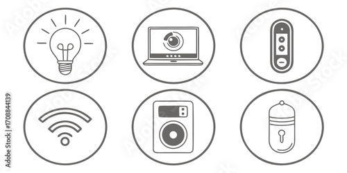 Collection of smart home technology icons including lightbulb laptop speaker remote and wifi symbol silhouette isolated on white background