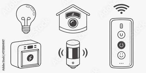 Collection of smart home device icons including a lightbulb camera speaker and remote control silhouette isolated on white background
