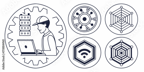 Man working on laptop with servers and network icons silhouette isolated on white background