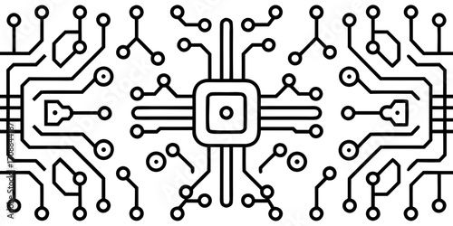 Abstract digital circuit board pattern with central processor silhouette isolated on white background