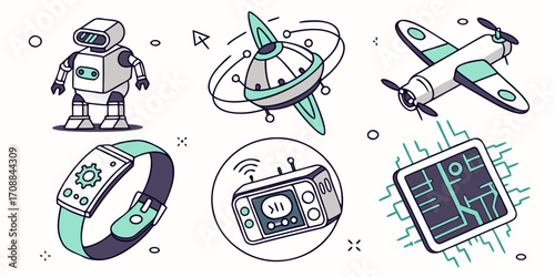Collection of futuristic technology icons including a robot airplane smartwatch and circuit board isolated on white background silhouette