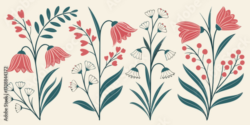 Collection of stylized floral silhouettes with bell shaped flowers and berries isolated on white background