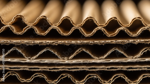 Macro Close-Up of Corrugated Cardboard Layers with Wavy Fluted Texture