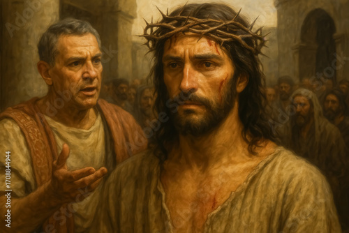 Biblical illustration of Christ judged by Roman governor
