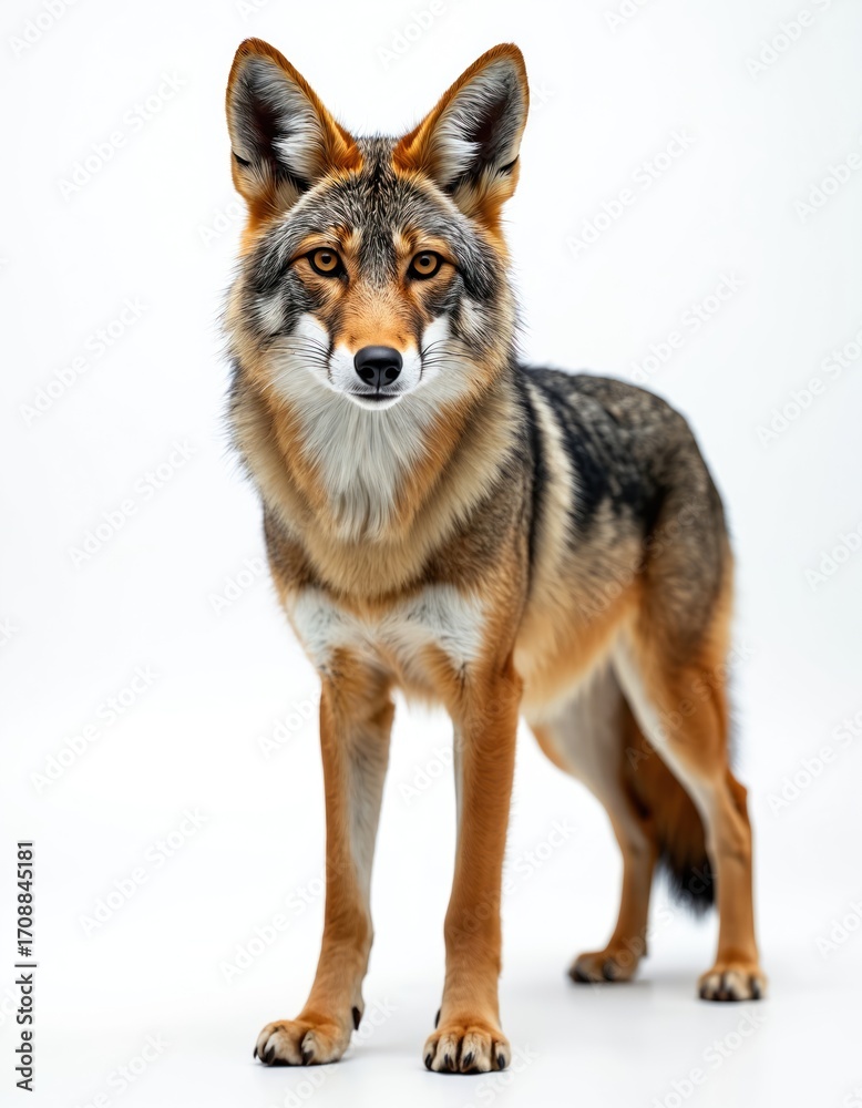 Obraz premium Alert coyote with raised ears stands on clean white background. Animal portrait shows sharp focus on its intelligent eyes and textured fur. Full body shot of wild canine, isolated for design use.