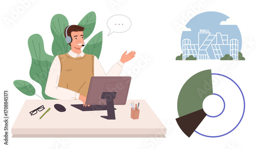 Support agent wearing a headset at a desk, speaking and gesturing toward a screen with a shopping mall and pie chart. Ideal for communication, remote work, e-commerce, analytics, customer service