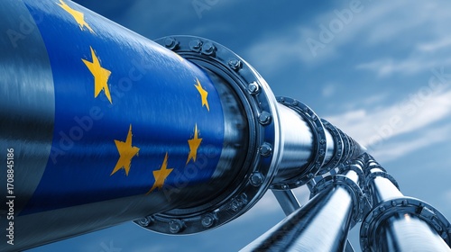 Metal pipeline with European Union flag under a clear sky, symbolizing energy transport and international collaboration in the European region