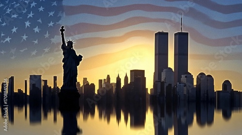 Statue of liberty with twin towers and american flag at sunset over new york city skyline