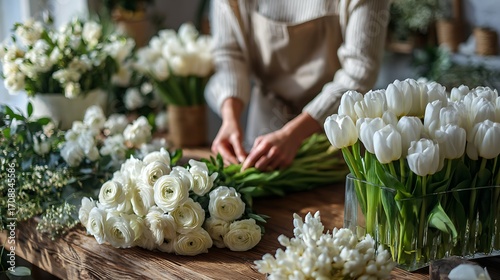 Arranging white tulips and ranunculus bouquet, floral design workshop, flower shop, florist at work, spring flowers