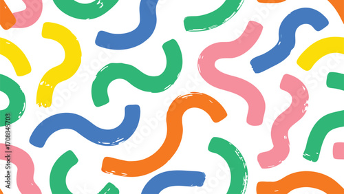 Multi colored squiggles with circles seamless pattern. Brush drawn bold curved lines, waves and swirls. Abstract geometric colorful background with organic bold lines. Childish doodles and scribbles