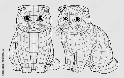 Polygonal Wireframe Illustration of Two Cute Sitting Cats – Black Line Mesh Style on Light Background