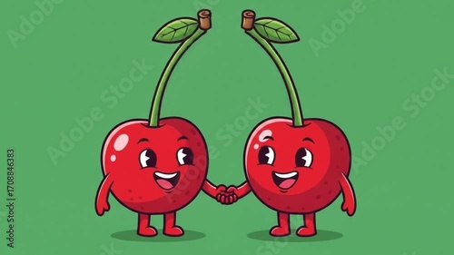 Two cheerful cartoon cherries holding hands, symbolizing friendship and connection in a vibrant scene