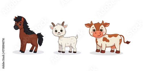 Set of cartoon cute animals. Funny horse, goat and cow. Funny animals for magazines, postcards, cards. Vector illustration