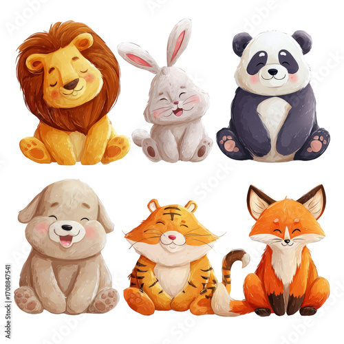 Set of six cute cartoon baby animals sitting together.