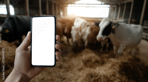 Hand Holding Smartphone with Blank Screen in Cow Barn Setting