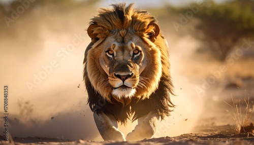 Majestic Male Lion Charging Across African Savanna at Sunset