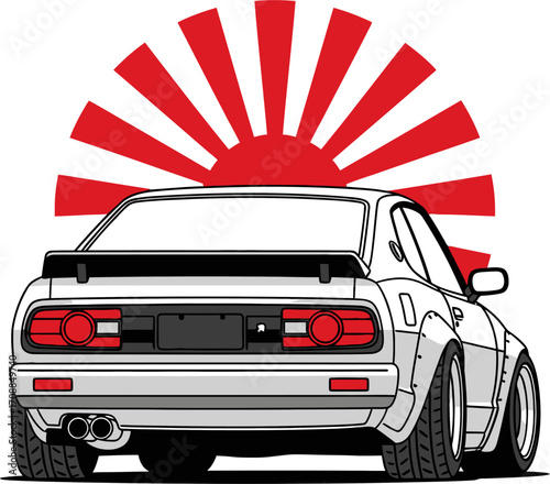 Classic white Japanese sports car with wide body kit and spoiler, set against a red rising sun background.