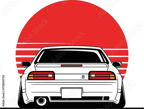 Rear view illustration of a white sports car with a red sun in the background, Japanese style.