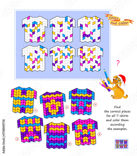 Logic puzzle game for kids. Find the correct places for all T-shirts and color them according the examples. Coloring book. Develop spatial thinking and counting skills. Brain teaser book. Vector image