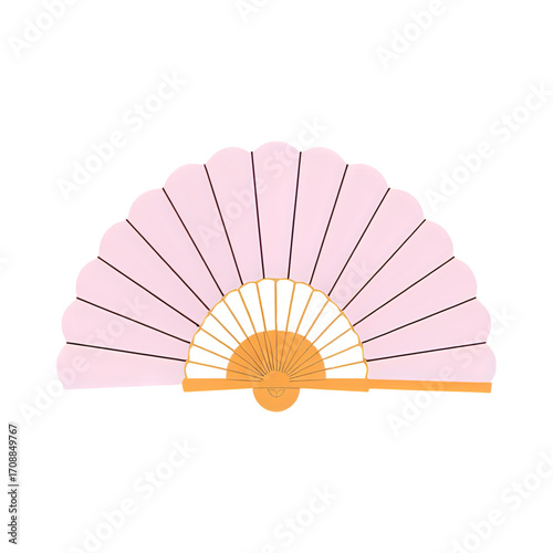 Pink paper fan with wooden handle isolated on transparent background