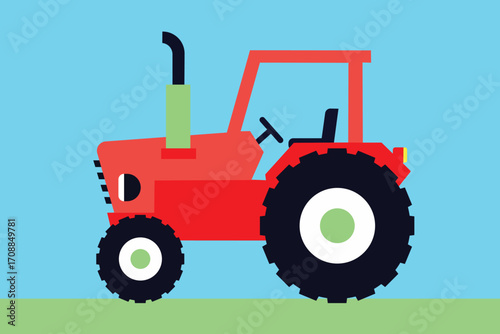 Minimalist Illustration of a Red Tractor on a Grass Field Background