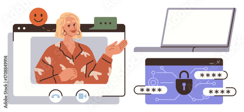 Woman speaking during an online meeting, laptop beside a locked password interface. Ideal for technology, cybersecurity, remote work, online communication, digital safety, business, simple flat