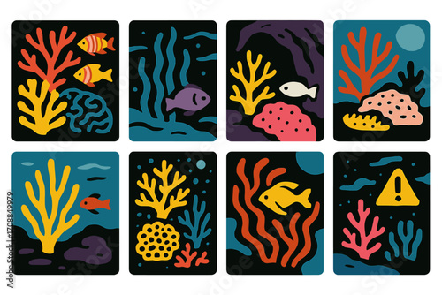 Underwater world silhouette icon set. featuring coral, fish, seaweed, ocean, alerts, and aquatic life symbols