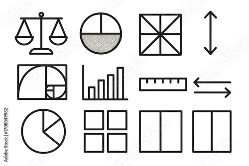 Mathematics silhouette icon set. featuring scales, pie chart, grid, arrows, fibonacci spiral, graph, ruler