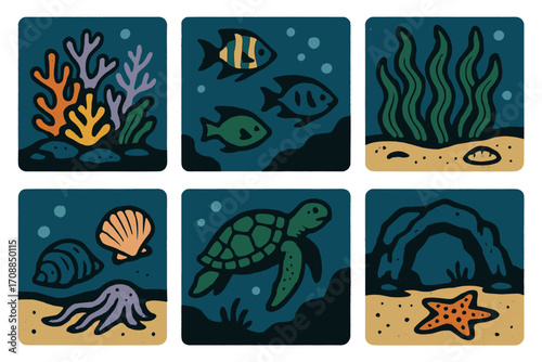 Marine life flat icon set. featuring coral, fish, seaweed, shell, turtle, cave, and starfish symbols