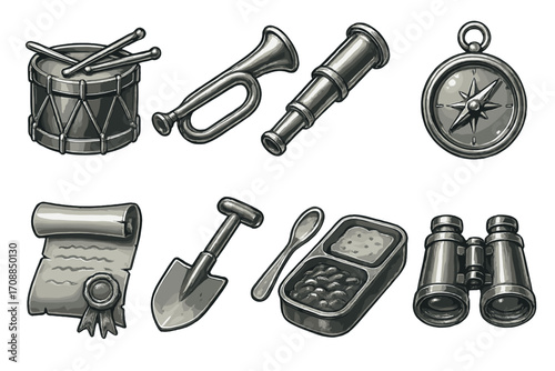 Adventure gear silhouette icon set. featuring drum, bugle, telescope, compass, certificate, shovel, can, binoculars