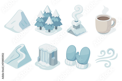 Winter silhouette icons set. featuring mountain, forest, chimney, coffee, rock, waterfall, mittens, wind.