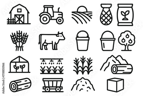Farming silhouette icon set. featuring barn, tractor, field, seeds, cow, bucket, orchard, greenhouse, irrigation symbols