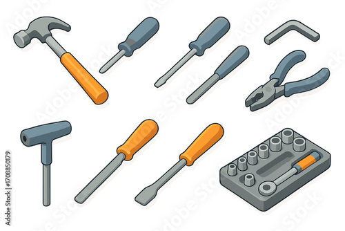 Workshop tools flat icon set. featuring hammer, screwdrivers, wrench, pliers, and hex keys
