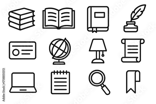 Education and writing linear icon set. featuring books, open book, journal, quill, id card, globe, lamp, scroll, laptop, notebook, magnifying glass, bookmark