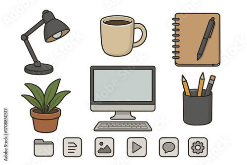 Workplace essentials flat icon set. featuring lamp, coffee, notebook, monitor, plant, and tools