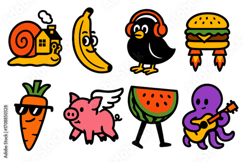 Quirky animal and food silhouette icon set. featuring snail, banana, bird, burger, carrot, pig, watermelon, and octopus