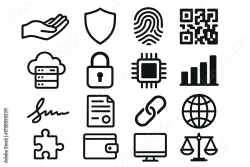 Security and technology linear icon set. featuring hand, shield, fingerprint, qr code, cloud, server, lock