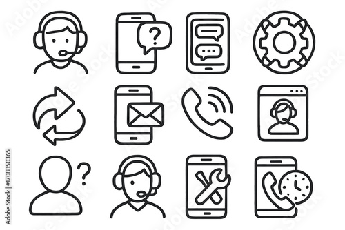 Customer support linear icon set. featuring headset, smartphone, chat, settings, sync, email, call, user symbols