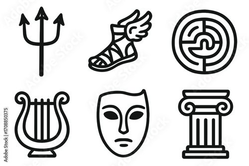 Greek mythology linear icon set. featuring trident, winged sandal, labyrinth, lyre, mask, column