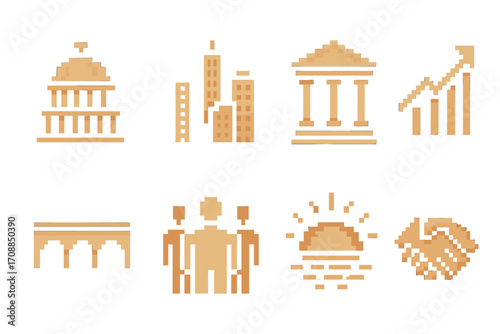 Business and urban silhouette icon set. featuring cityscape, bank, growth, teamwork, sunset, and handshake symbols