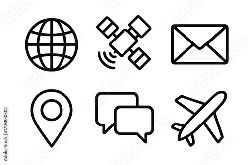 Global communication linear icon set. featuring globe, satellite, email, location, chat, airplane symbols