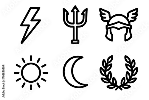 Mythology silhouette icon set. featuring lightning bolt, trident, helmet, sun, moon, laurel wreath