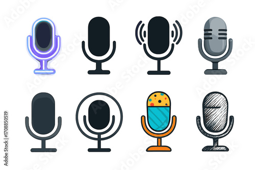 Microphone silhouette icon set. featuring classic, retro, studio, podcast, vintage, and karaoke symbols