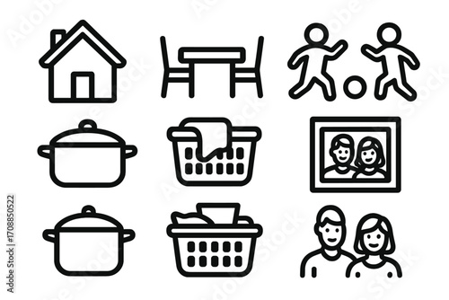Home and family linear icon set. featuring house, table, children, cooking pot, laundry, family portrait, and people symbols