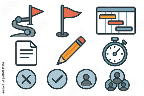 Project management linear icon set. featuring timeline, flag, document, pencil, stopwatch, and checklist symbols