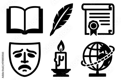 Education and learning silhouette icon set. featuring book, quill, diploma, mask, candle, globe