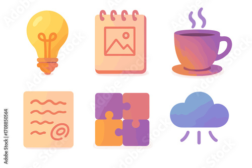 Business elements silhouette icon set. featuring idea, calendar, coffee, document, puzzle, and cloud symbols
